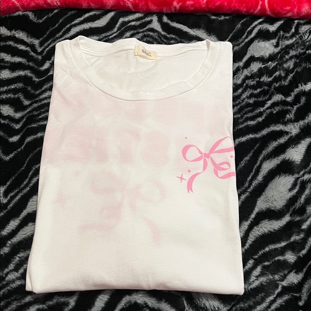Women's White Short Sleeve Tee with Pink Ribbon Graphic
